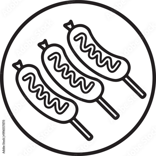Grilled sausages on skewers icon with mustard sauce topping in circular outline design element for barbecue menu and street food festival branding