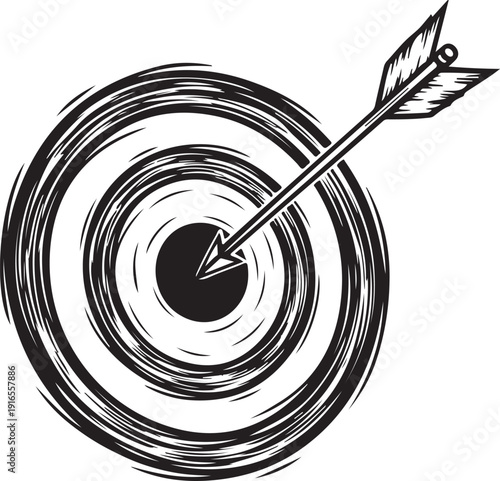 Hand drawn archery target with arrow hitting bullseye center in vintage sketch style for success and achievement concept in business and marketing