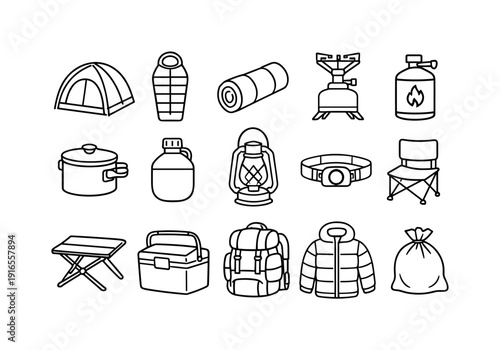 Outdoor weekend forest camping gear icon set showing dome tent, sleeping bag, sleeping pad, camp stove, fuel canister, cooking pot, water canteen
