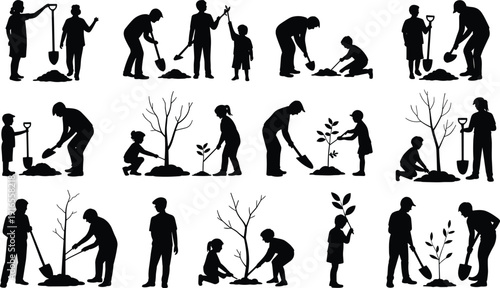 Family and children tree planting silhouettes collection, gardening and reforestation vector illustration, environmental conservation concept, eco friendly community outdoor volunteer activity set