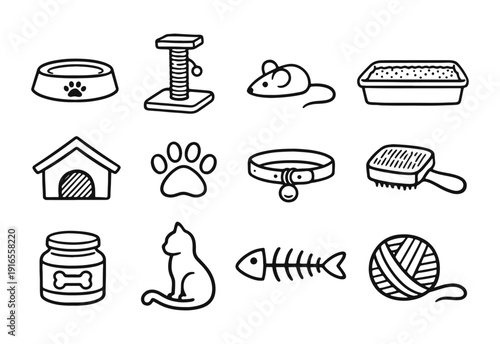 Hand Drawn Cat Pet Accessories and Care Doodle Icon Set