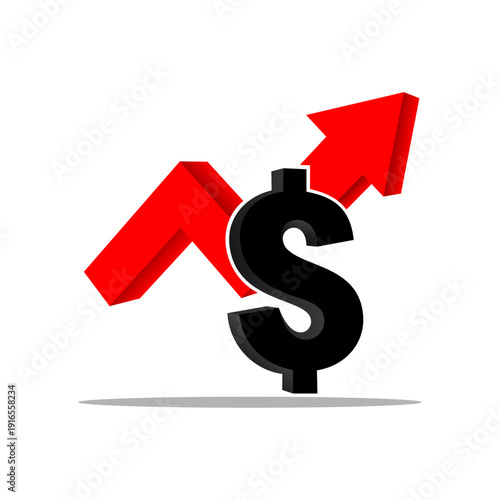 3D icon of rising dollar exchange rate on white background.