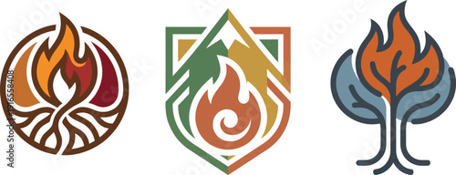Colorful flame and tree logos  abstract fire and leaf designs  graphic symbols