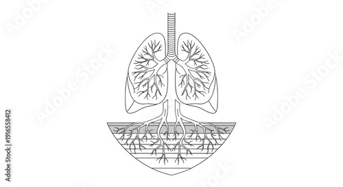 An anatomical illustration of lungs with tree-like roots extending downwards into layered soil on a white background, Generative AI.