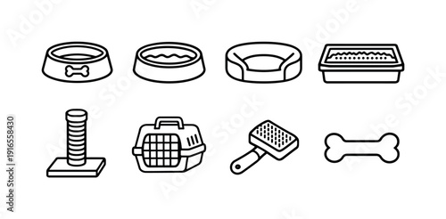 Home pet care basics: food bowl, water bowl, pet bed, litter box, scratching post, pet carrier, grooming brush, chew toy