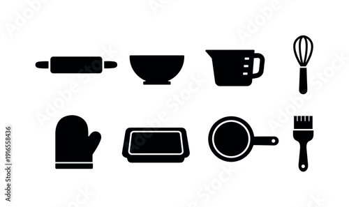 Kitchen baking essentials: rolling pin, mixing bowl, measuring cup, whisk, baking tray, oven mitt, sieve, pastry brush