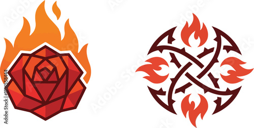 Flame designs with rose and arrows on white background  symbolizing passion and strength