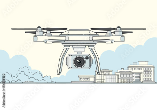 Modern Drone Flying Over Buildings With Camera Technology Sky View