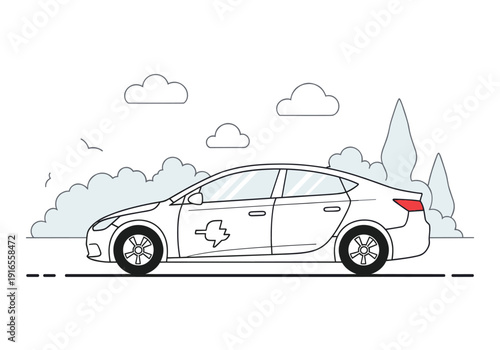 Modern Sedan Car Outline Illustration With Clouds And Trees On Background