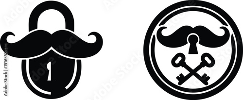 Lock and key icons with mustache on white background  security and protection concept with facial hair