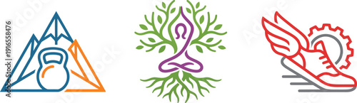 Lineartstyle icons for fitness and outdoor activities with mountains kettlebell tree roots yoga shoe and gear