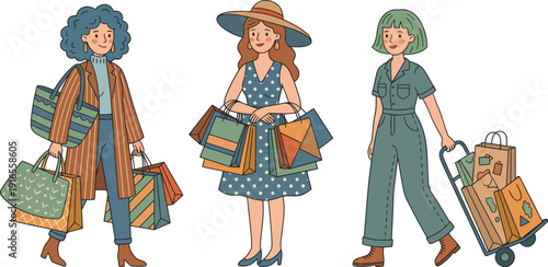 Three women with shopping bags and luggage in a colorful illustration  happy female shoppers carrying various bags