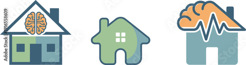 Three colorful house icons with brain and health symbols  representing mental health and wellness concepts in home design