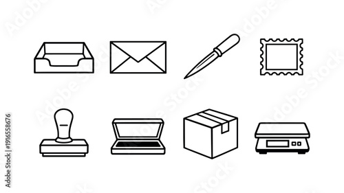 Office mailroom items: mail tray, envelope, letter opener, postage stamp, rubber stamp, ink pad, parcel box, document scale