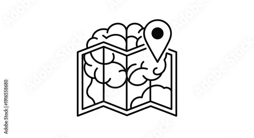 A simplified human brain rests atop a folded map marked with a prominent location pin signifying mental route planning or brain function mapping, Generative AI.