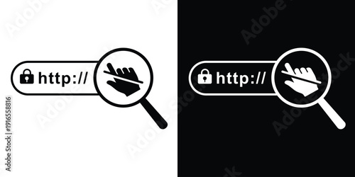 Secure HTTP search bar with magnifying glass and hand cursor. Icon for safe browsing, web security, SSL certificate, and internet searching.
