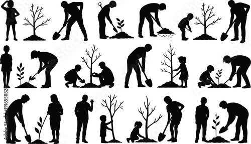 Family and children tree planting silhouettes set, gardening and reforestation vector illustration, environmental conservation concept, eco friendly community outdoor activity collection