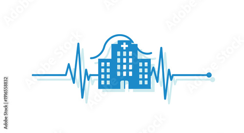A blue hospital building icon is integrated into a dynamic heartbeat electrocardiogram line on a pristine white background, Generative AI.