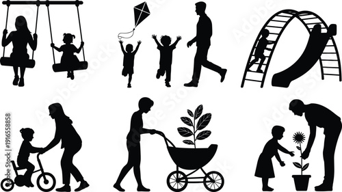 Family outdoor activities silhouettes collection, parents and children playing in park, happy childhood moments, parenting care and bonding, vector illustration set