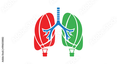 An illustration depicts human lungs designed as red and green hot air balloons connected by a blue bronchial tree against a white background, Generative AI.