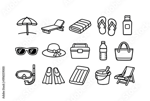 Beach vacation items: beach umbrella, sun lounger, beach towel, flip flop, sunscreen bottle, sunglasses, straw hat, cooler box, water bottle, beach