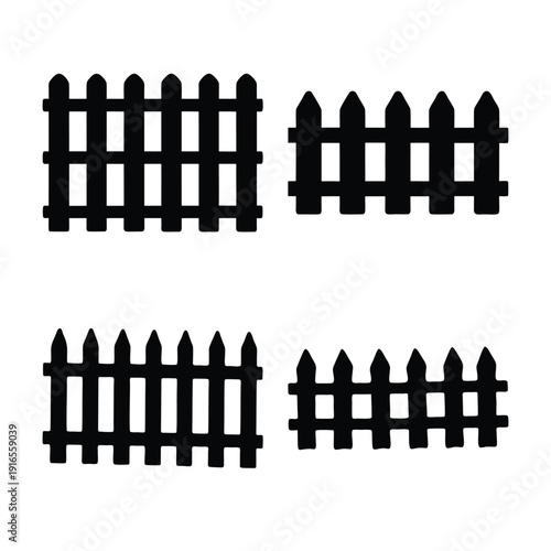 Collection of classic black picket fence silhouettes for design and decorative purposes