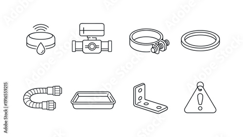 Home water leak prevention: water sensor, shutoff valve, pipe clamp, gasket ring, flexible hose, drip tray, mounting bracket, warning tag