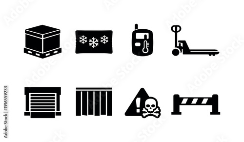 Warehouse cold chain handling: insulated pallet box, cold pack, temperature logger, pallet jack, dock door, strip curtain, warning label plate, safety