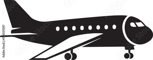 Private jet airplane silhouette profile view with landing gear down and cabin windows for aviation travel and luxury transport business industries