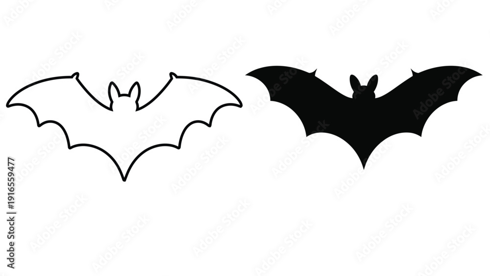 Fototapeta premium Bat Outline and Solid Silhouette Icon Set for Halloween Design
