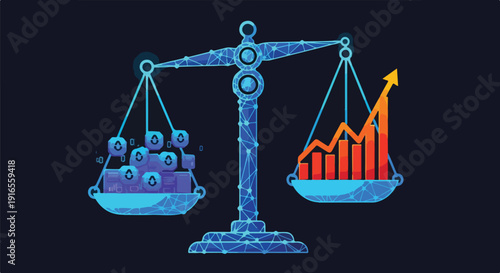 Digital balance scale weighing human resources against business growth and performance, symbolizing workforce value and success in a technological era.