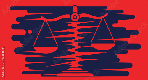 Dynamic abstract illustration of a balance scale in red and blue, symbolizing justice, law, equality, fairness, and legal system concepts.