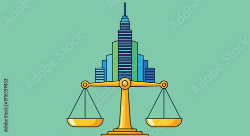 Cityscape of skyscrapers on a golden scale of justice, symbolizing the balance between urban development, law, ethics, and property rights.