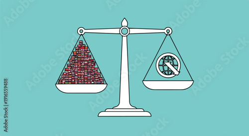 Conceptual balance scale weighing a massive quantity of information or data against a symbol for quality, focus, and global relevance, illustrating modern challenges.