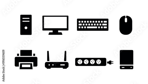 Office technology essentials: desktop computer, monitor, keyboard, mouse, printer, router, power strip, external hard drive