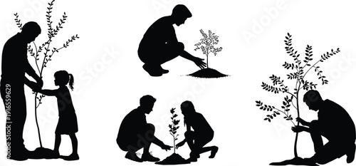 Family planting tree silhouettes collection, parents and children gardening together, environmental sustainability and nature conservation concept, eco friendly lifestyle vector illustration