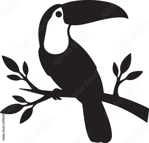 Toucan on the branch in silhouette on white background.