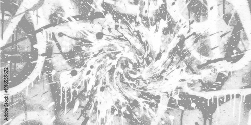 grayscale abstract artwork featuring a swirling vortex of paint splatters and drips dynamic energy and creative expression. 