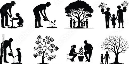 Family planting and watering tree silhouettes collection, parents and children gardening together, environmental conservation and reforestation, eco friendly community vector illustration set