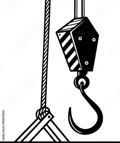 Heavy Duty Crane Hook and Pulley Block Vector Illustration Black and White Industrial Lifting Equipment Graphic