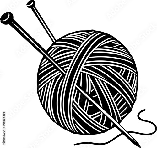 Knitting Yarn Ball and Needles Icon Vector Illustration Black and White