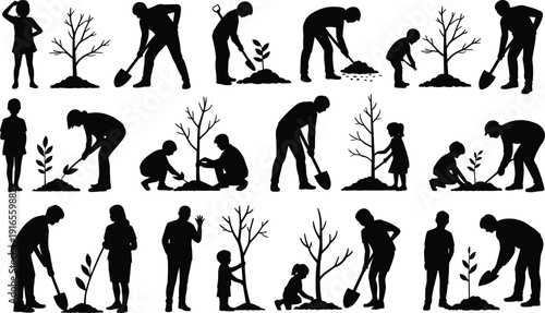 Family tree planting silhouettes bundle, parents and children gardening together, reforestation and environmental conservation vector illustration, eco friendly community outdoor activity set