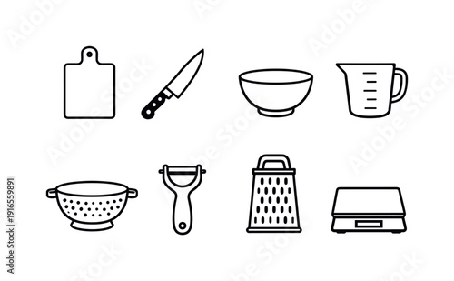 Home kitchen food prep essentials: cutting board, chef knife, mixing bowl, measuring cup, colander, peeler, grater, kitchen scale