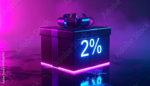 Neon glowing gift box with 2% discount sign, futuristic cyberpunk sale promotion background, 3D render for ecommerce marketing, holiday offer, Black Friday deal concept