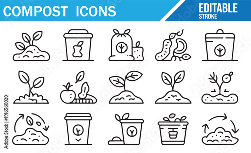 Line art vector pack of ecology and soil composting signs.