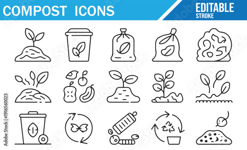 Collection of vector icons for compost piles, bins, and organic materials.