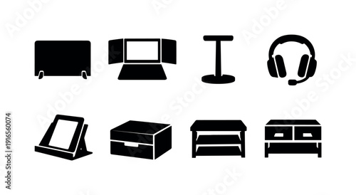 Office desk privacy items: desk divider, privacy screen, headphone stand, noise canceling headset, desk lamp, document holder, storage box, desktop