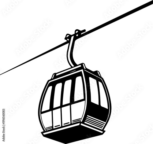 Retro style cable car gondola cabin on a wire black and white vector graphic