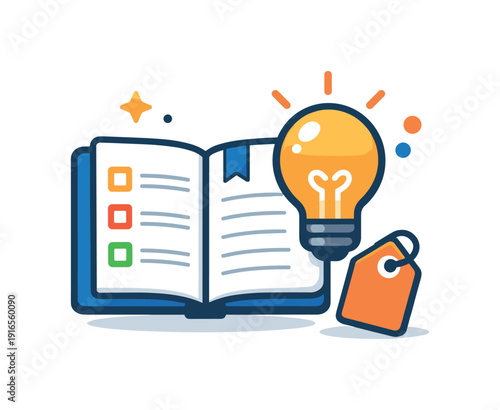 Digital note-taking and idea organization for creative and business thinking, a notebook paired with a light bulb and a simple tag symbolizing