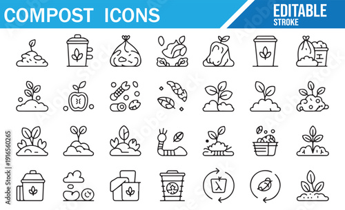 Set of composting and recycling line icons. Vector illustration of compost bins, soil piles, worms, and organic waste. Editable stroke outline symbols for eco-friendly design.